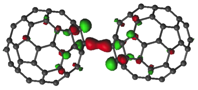 Two fullerenes close to each other that have trapped an electron which now forms a bond (large, central red blob) between the two, CASSCF(5,4)/ANO-L-VDZ. JACS, 2014 (image: Shubina)